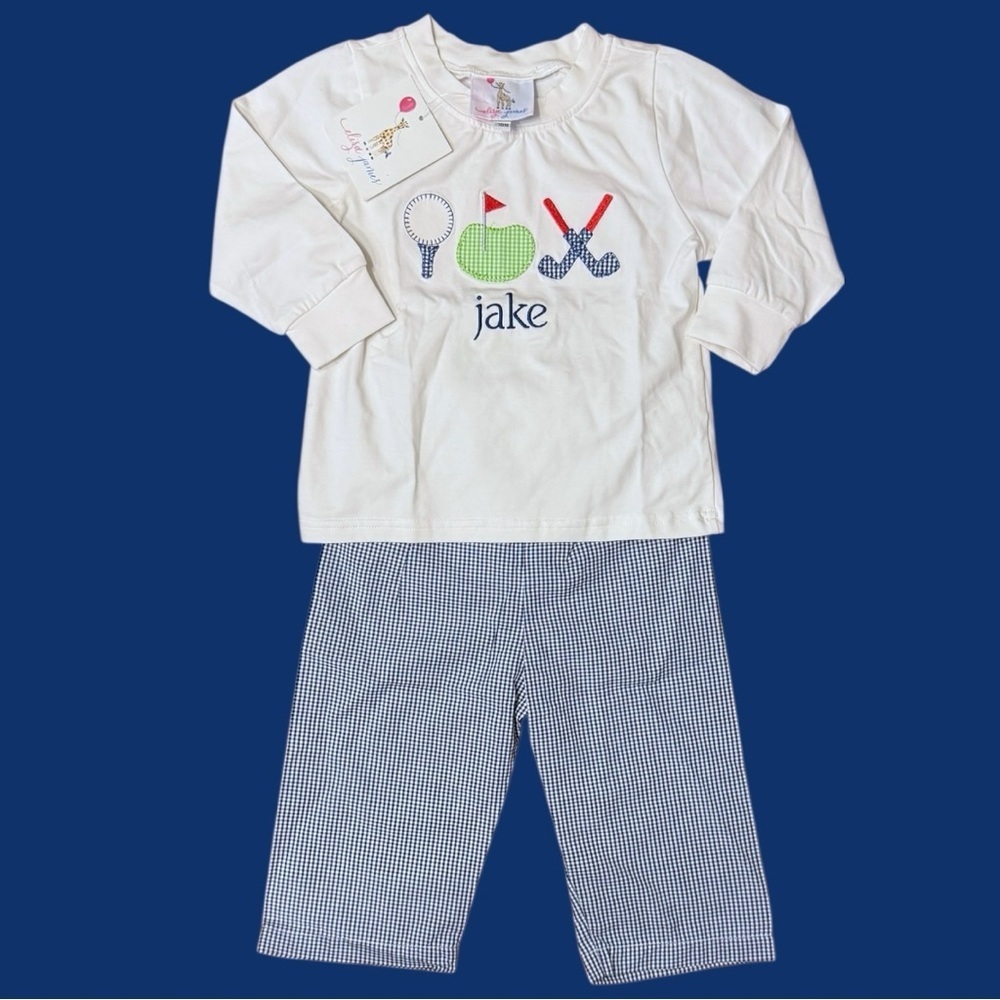 Eliza James Golf Appliqué Set 18M – Personalized “Jake” Shirt + Gingham Pants